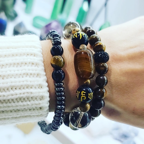 Stack Of 3 Bracelets/ Tiger Eye, Agate, Hematite, Picture Jasper - Picture 2 of 3
